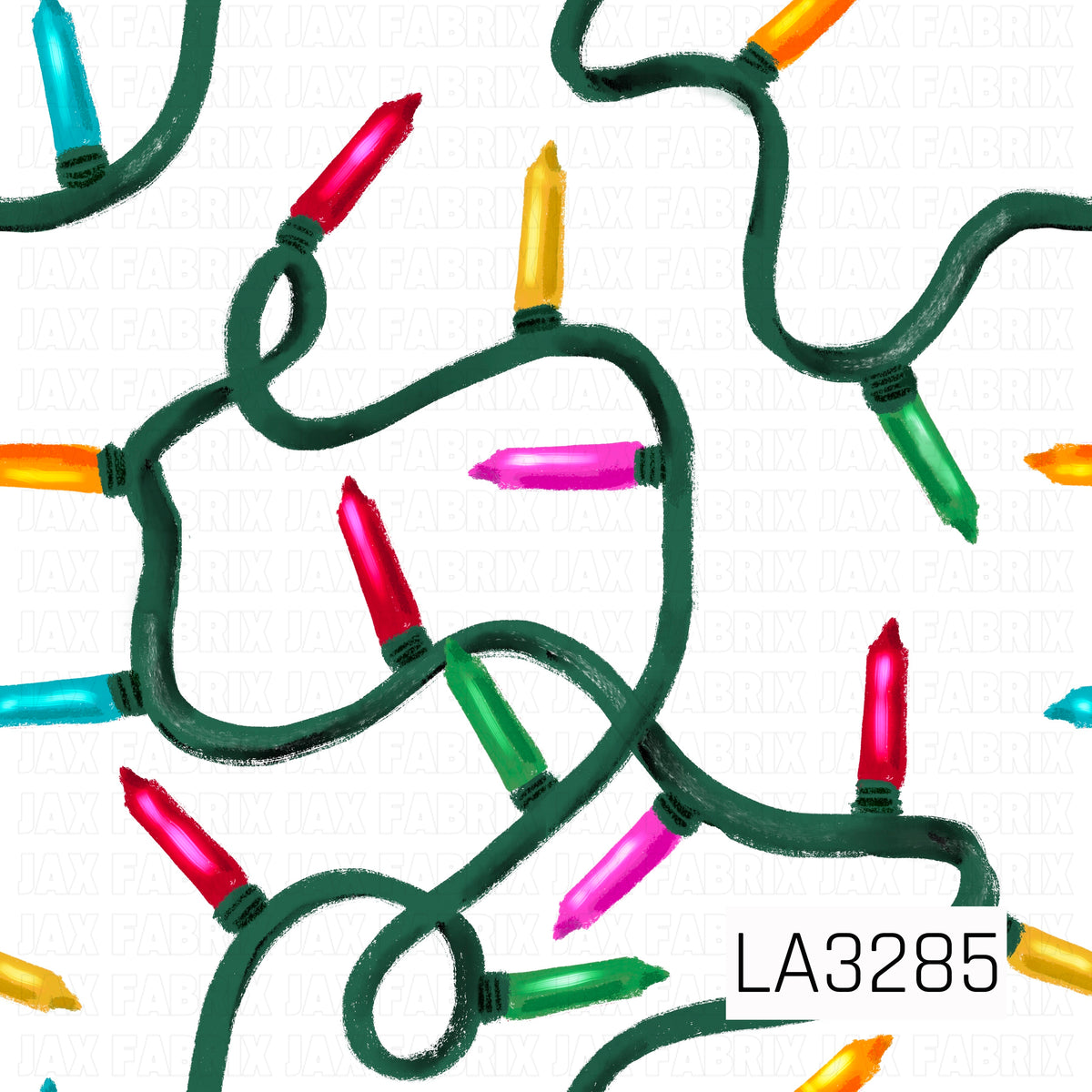 A playful hand-painted Christmas light pattern featuring oversized colorful bulbs in red, pink, aqua, green, yellow, and orange connected by looping dark green cords. The crisp white background gives the design a bright, cheerful look while the textured brushstrokes add a whimsical handmade feel.
