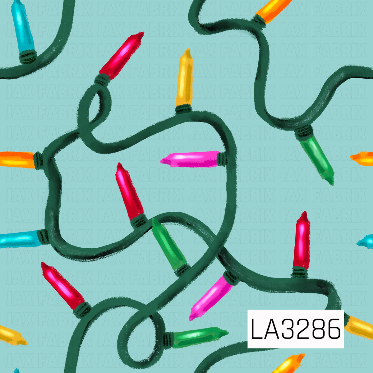 A playful hand-painted Christmas light pattern featuring oversized colorful bulbs in red, pink, aqua, green, yellow, and orange connected by looping dark green cords. The soft aqua background adds a fun, retro-inspired pop of color while the textured brushstrokes give the design a whimsical handmade feel.
