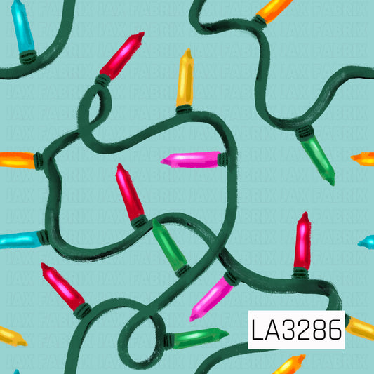 A playful hand-painted Christmas light pattern featuring oversized colorful bulbs in red, pink, aqua, green, yellow, and orange connected by looping dark green cords. The soft aqua background adds a fun, retro-inspired pop of color while the textured brushstrokes give the design a whimsical handmade feel.
