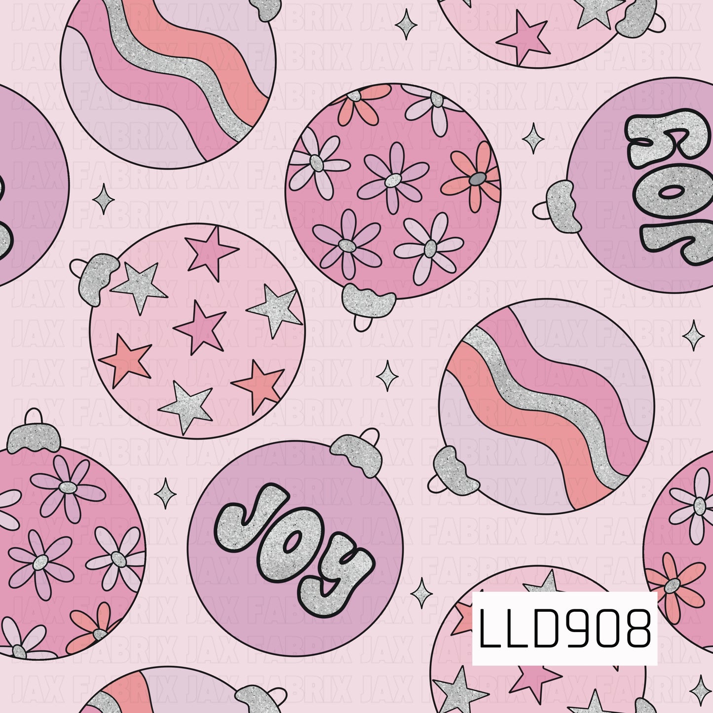 A fun retro Christmas ornament pattern featuring oversized pink baubles filled with wavy stripes, groovy flowers, stars, and bold “JOY” lettering. Sparkly silver accents and tiny twinkling stars add a festive touch, while the shades of pink and coral give the design a playful, girly holiday feel.
