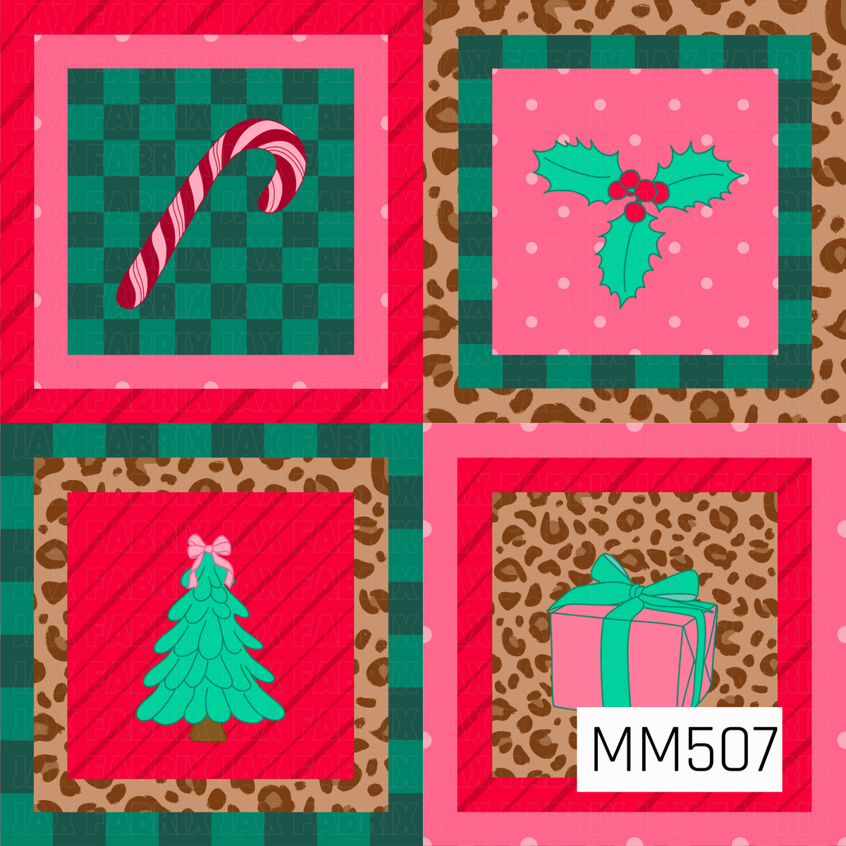 A bold retro Christmas patchwork design made up of oversized layered squares in hot pink, bright red, deep teal, and warm brown. Each block mixes playful coordinating patterns including pink polka dots, red diagonal stripes, teal checkerboard, and hand-painted leopard spots. Festive illustrations fill the centers with a pink striped candy cane, bright teal holly leaves with red berries, a whimsical teal Christmas tree topped with a pink bow, and a pink gift wrapped in an oversized teal ribbon. The contrasti