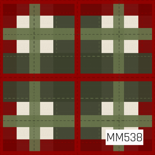 A classic Christmas plaid pattern featuring bold intersecting stripes of rich cranberry red, deep forest green, muted olive green, and warm ivory. Wide red bands create a structured checkered design, while overlapping green stripes add depth and dimension. Subtle dashed lines run throughout the plaid, giving it a cozy, woven fabric appearance with a timeless, traditional holiday feel.
