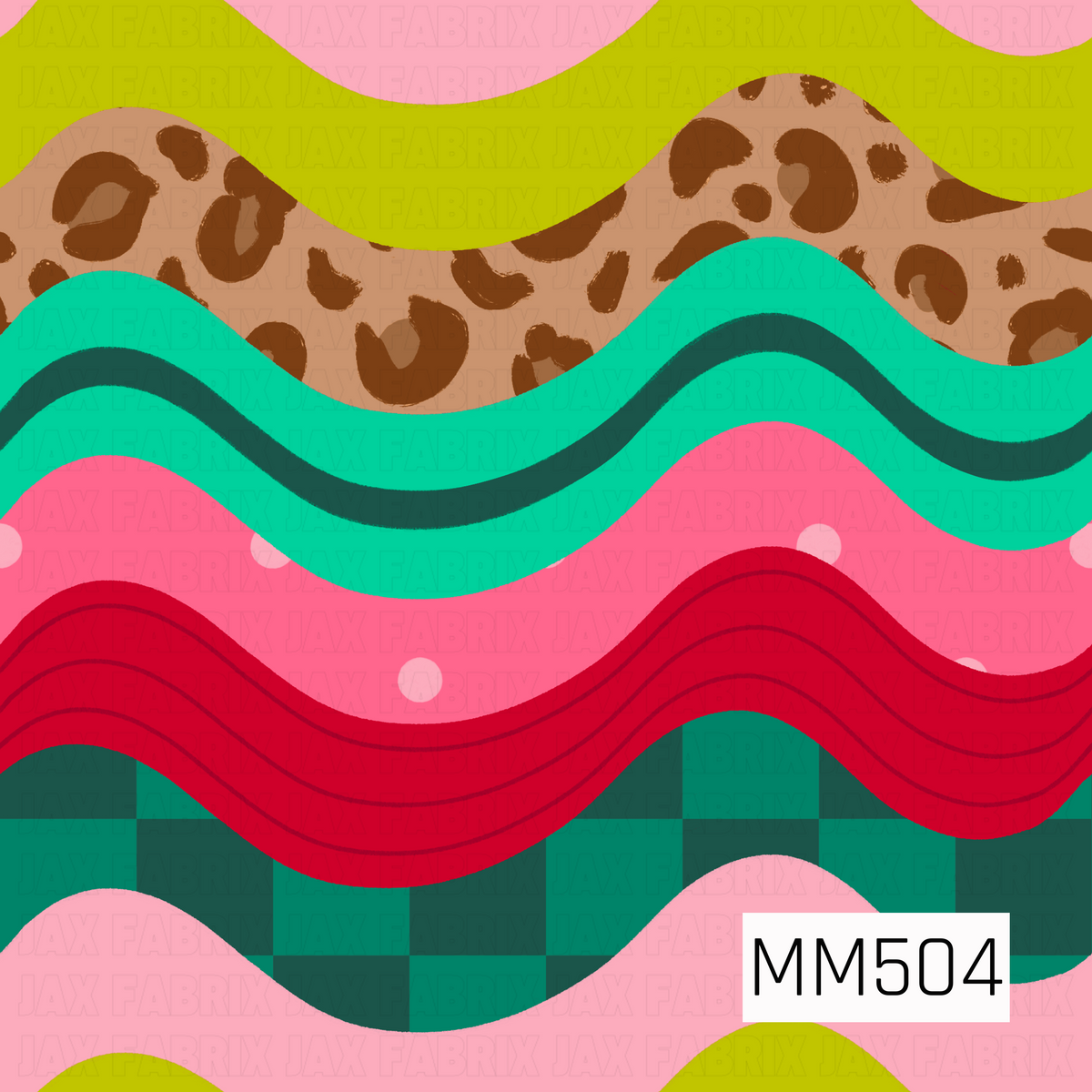 A bold retro wavy pattern featuring wide, flowing horizontal bands stacked in a playful mix of colors and prints. The oversized waves alternate between bubblegum pink with pale polka dots, bright chartreuse green, warm tan leopard print, vivid turquoise with a deep teal accent stripe, rich red with subtle layered line details, and a dark teal checkerboard print. The exaggerated curves create a continuous rolling movement across the design, while the combination of animal print, dots, checks, and solid color