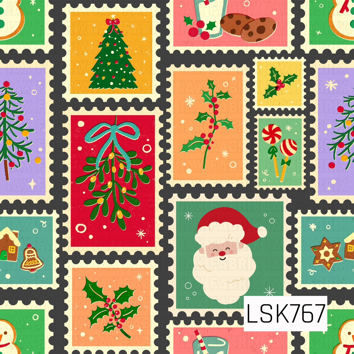 A colorful retro Christmas stamp design featuring Santa, Christmas trees, mistletoe, holly, peppermint lollipops, cookies, gingerbread treats, and other festive favorites. Bright reds, greens, oranges, pinks, and purples give this patchwork-style print a fun vintage holiday feel.