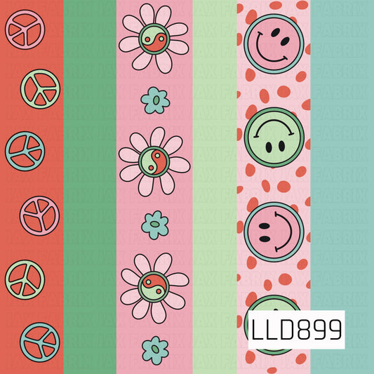 A playful retro stripe design featuring bold vertical panels in coral, green, pink, mint, and aqua. The stripes are accented with hand-drawn peace signs, whimsical flowers with yin-yang centers, smiley faces, and scattered dots for a fun, groovy vintage-inspired look.
