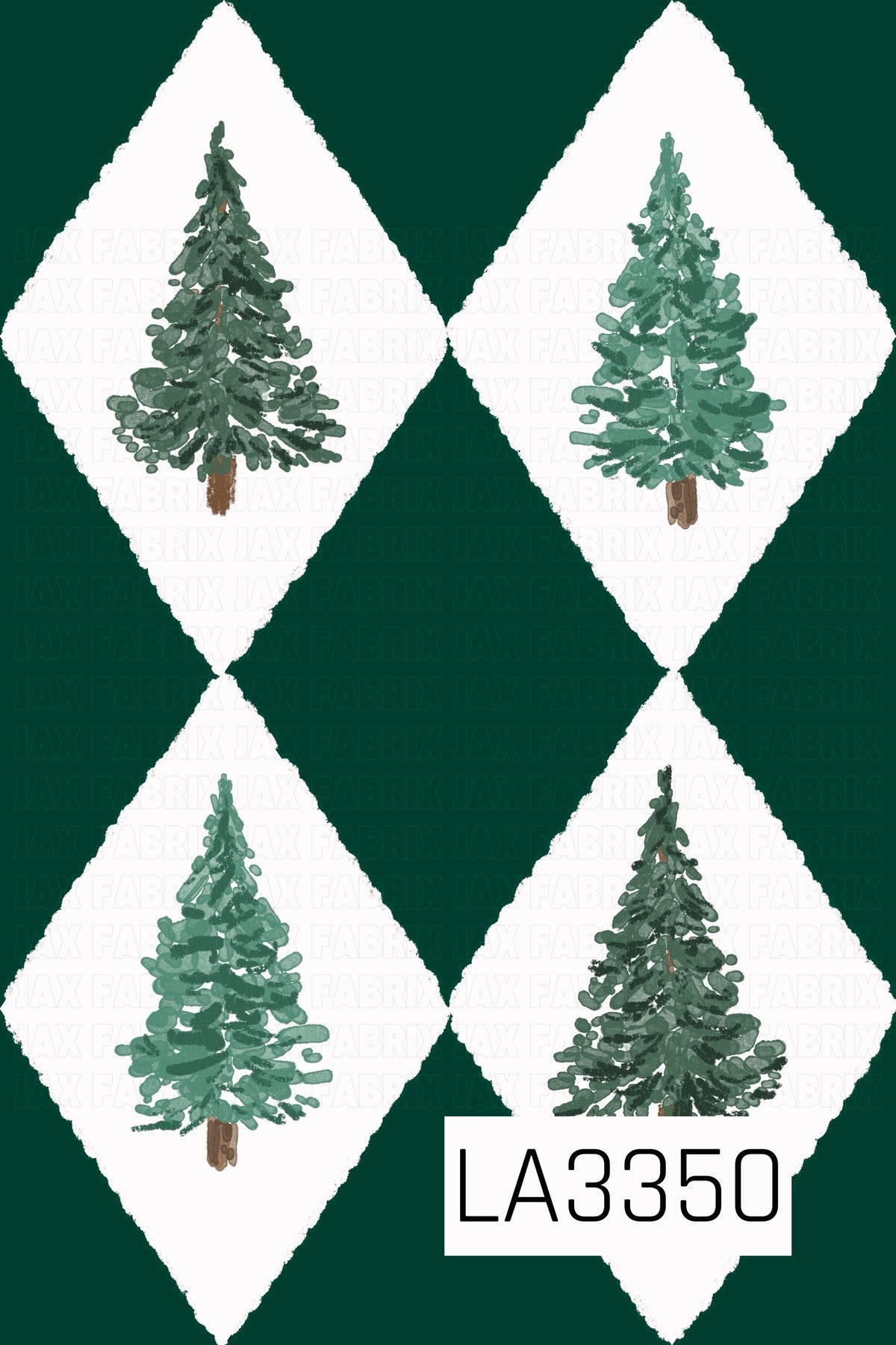 A classic Christmas argyle pattern featuring hand-painted evergreen trees in varying shades of green, centered inside textured white diamonds. The deep forest green background creates a rich, traditional holiday look with a cozy hand-painted feel.
