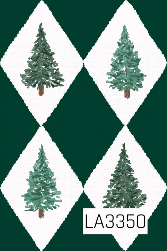 A classic Christmas argyle pattern featuring hand-painted evergreen trees in varying shades of green, centered inside textured white diamonds. The deep forest green background creates a rich, traditional holiday look with a cozy hand-painted feel.
