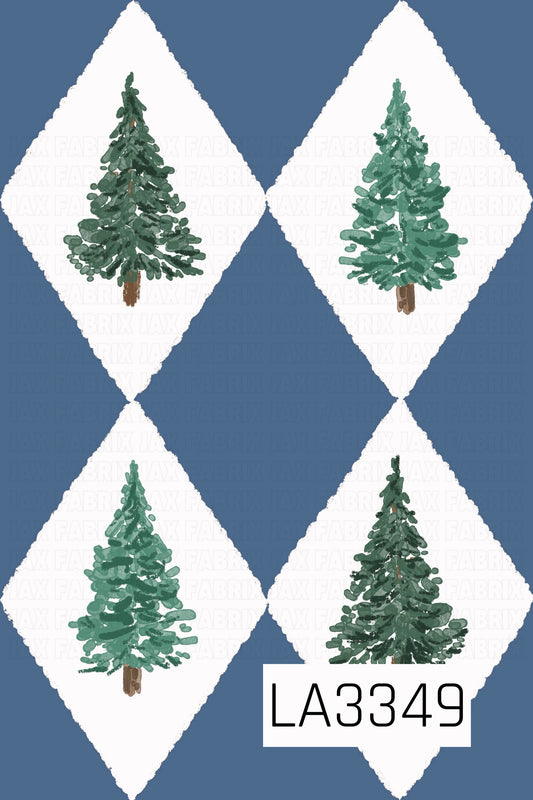 A cozy Christmas argyle pattern featuring hand-painted evergreen trees in rich forest and muted green tones, centered inside textured white diamonds. A dusty denim blue background gives the classic holiday trees a soft, rustic feel.
