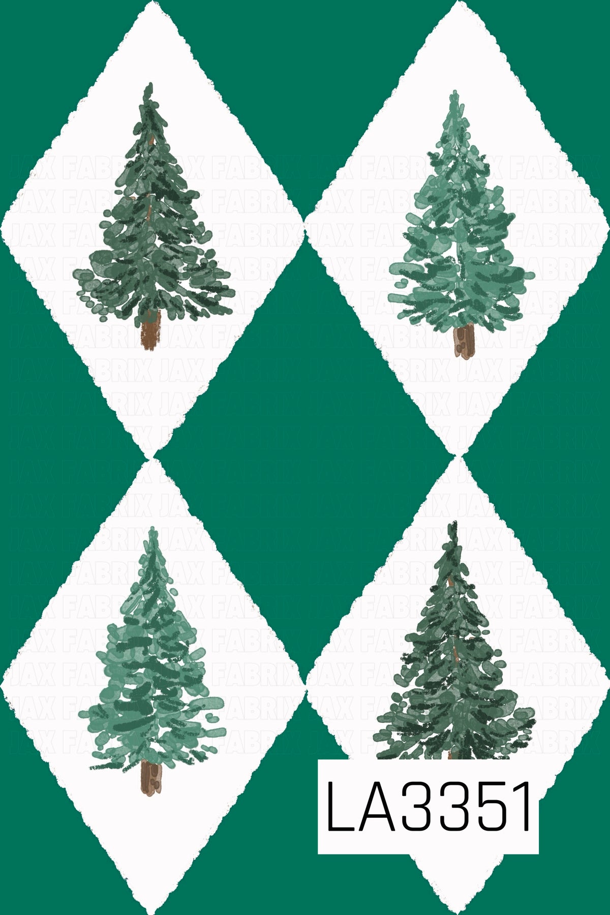 A festive Christmas argyle pattern featuring hand-painted evergreen trees in varying shades of green, centered inside textured white diamonds. A rich emerald green background gives the design a classic holiday feel with a cozy, watercolor-inspired look.
