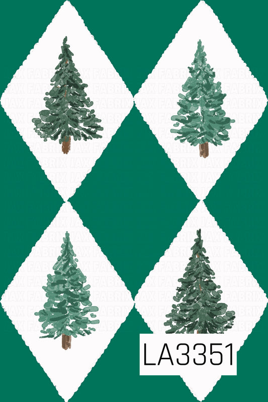 A festive Christmas argyle pattern featuring hand-painted evergreen trees in varying shades of green, centered inside textured white diamonds. A rich emerald green background gives the design a classic holiday feel with a cozy, watercolor-inspired look.
