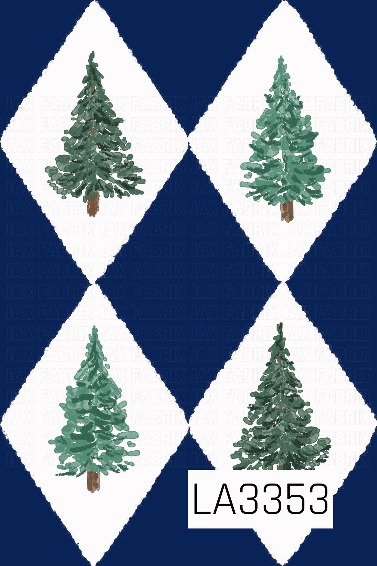 A classic Christmas argyle pattern featuring hand-painted evergreen trees in varying shades of green, centered inside textured white diamonds. A deep navy blue background adds a rich, wintry contrast for a timeless holiday look.
