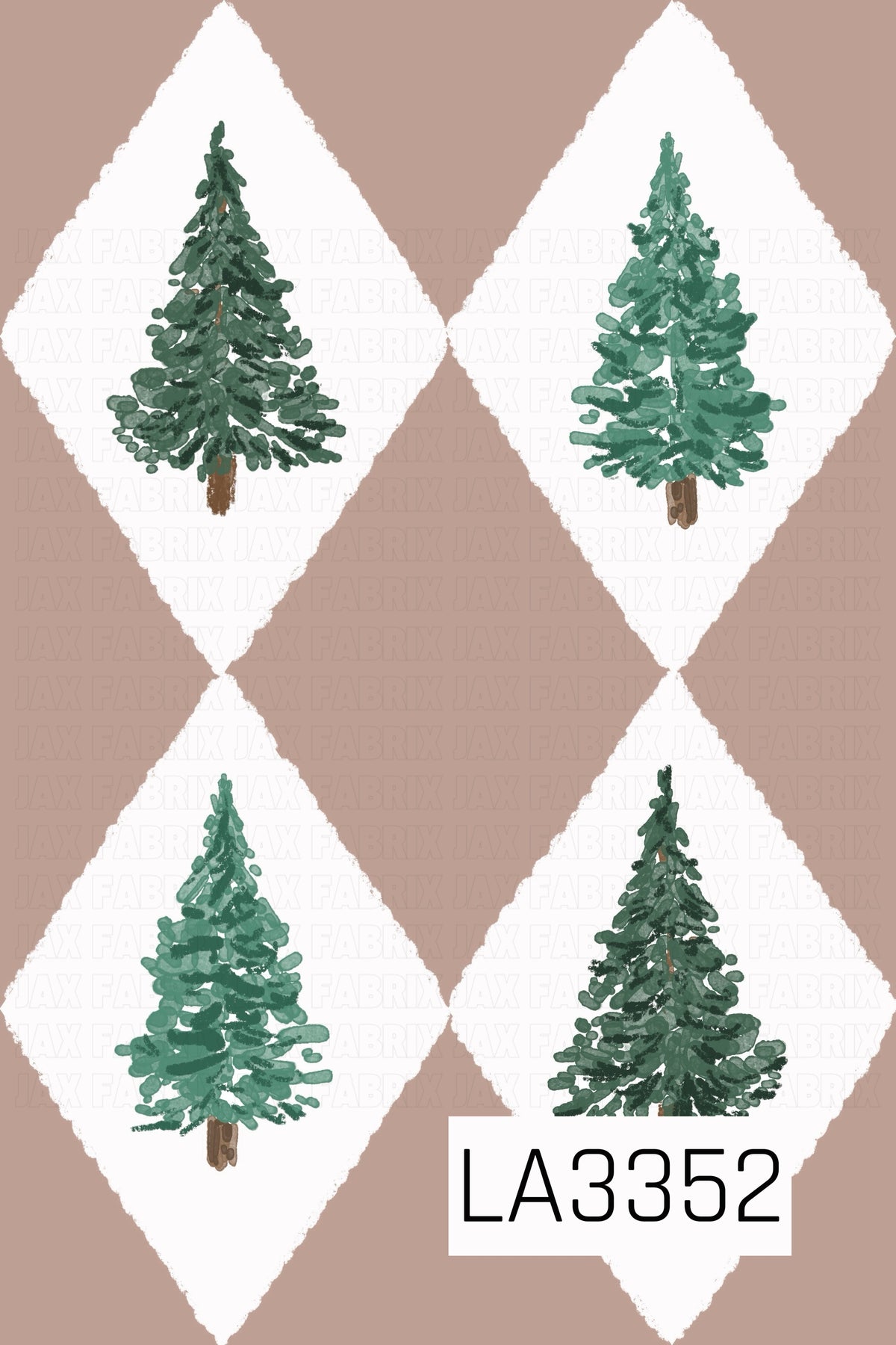 A cozy Christmas argyle pattern featuring hand-painted evergreen trees in varying shades of green, centered inside textured white diamonds. A warm taupe brown background gives the design a soft, neutral holiday feel.
