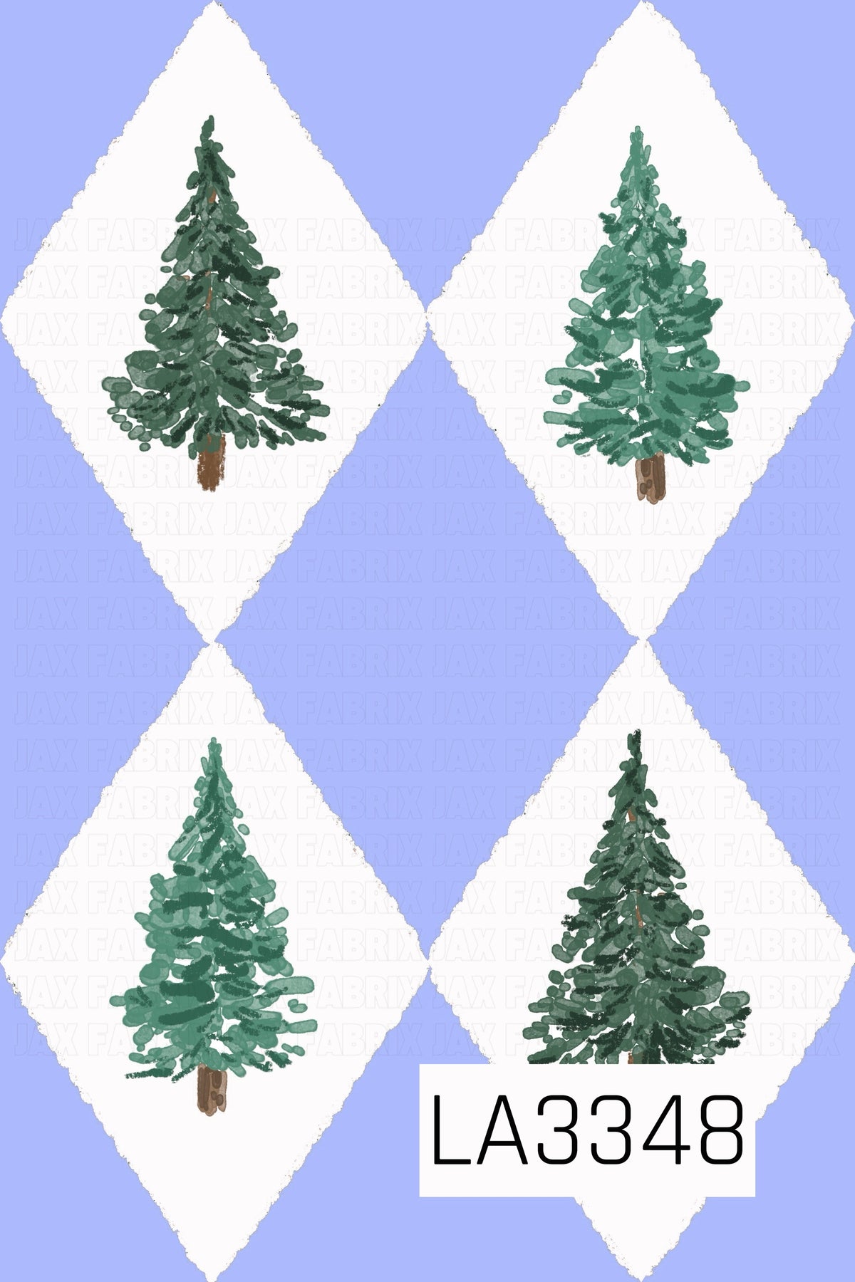 A whimsical Christmas argyle pattern featuring hand-painted evergreen trees in varying shades of forest and sage green, centered inside textured white diamonds against a soft periwinkle blue background. The watercolor-style trees and imperfect edges give the design a cozy, hand-painted holiday feel.
