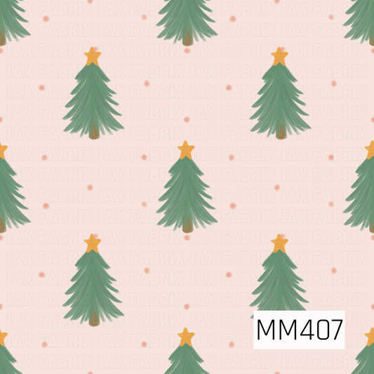 A soft Christmas pattern featuring hand-painted mint green evergreen trees topped with golden stars. Tiny blush pink dots are scattered across a pale pink background, giving the design a sweet, whimsical holiday feel.
