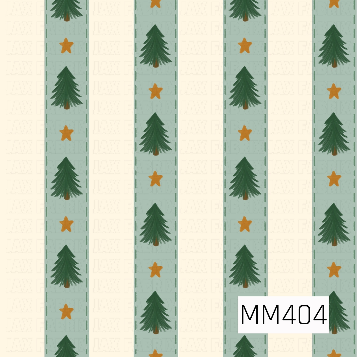 A festive striped pattern featuring hand-painted evergreen trees and warm golden stars arranged within soft sage green vertical bands. The alternating cream stripes and subtle stitched-style borders give the design a cozy, rustic Christmas feel.
