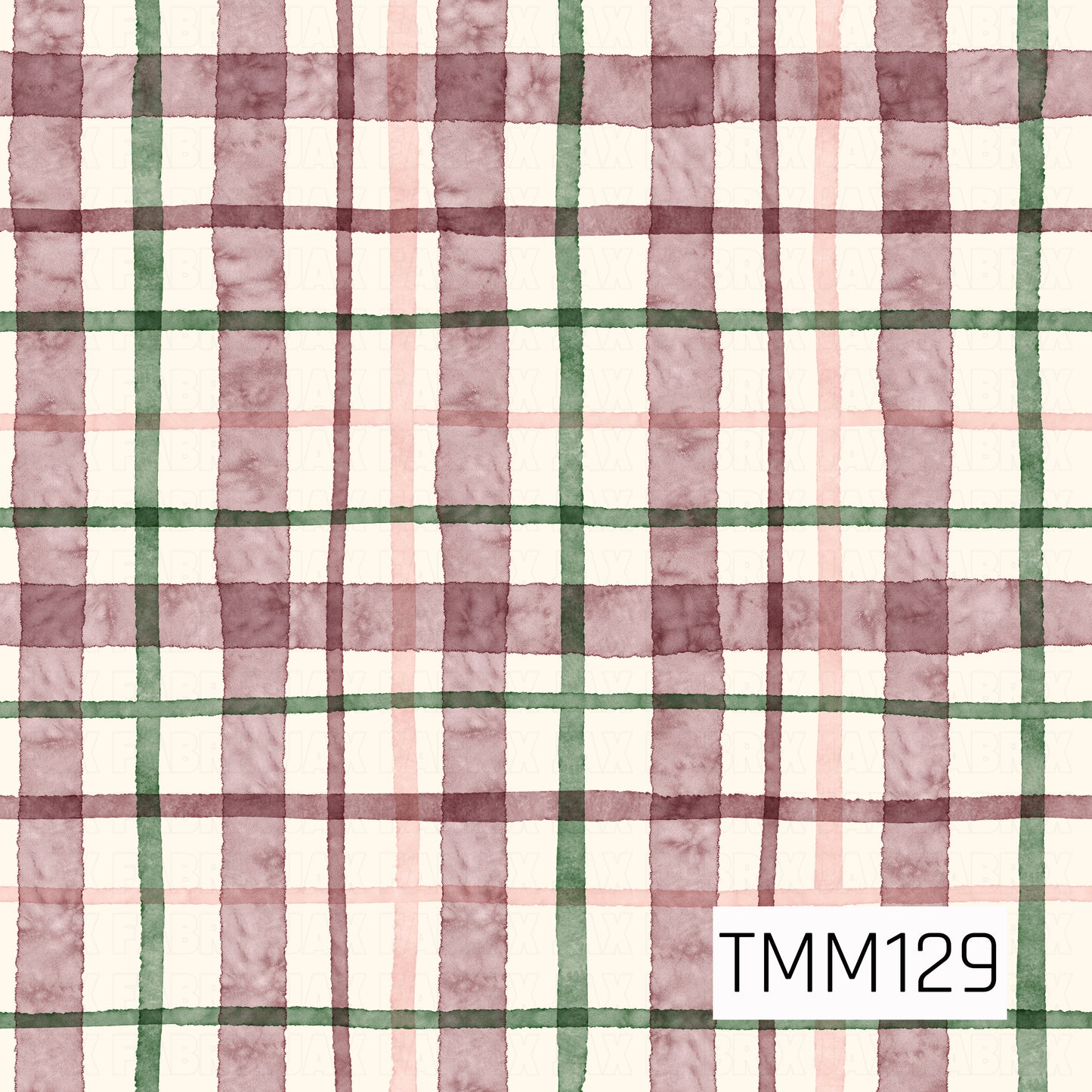 A soft watercolor plaid featuring layered stripes in dusty mauve, blush pink, and deep forest green on a warm ivory background. The hand-painted texture and slightly uneven lines give the pattern a cozy, classic feel with a subtle holiday-inspired color palette.
