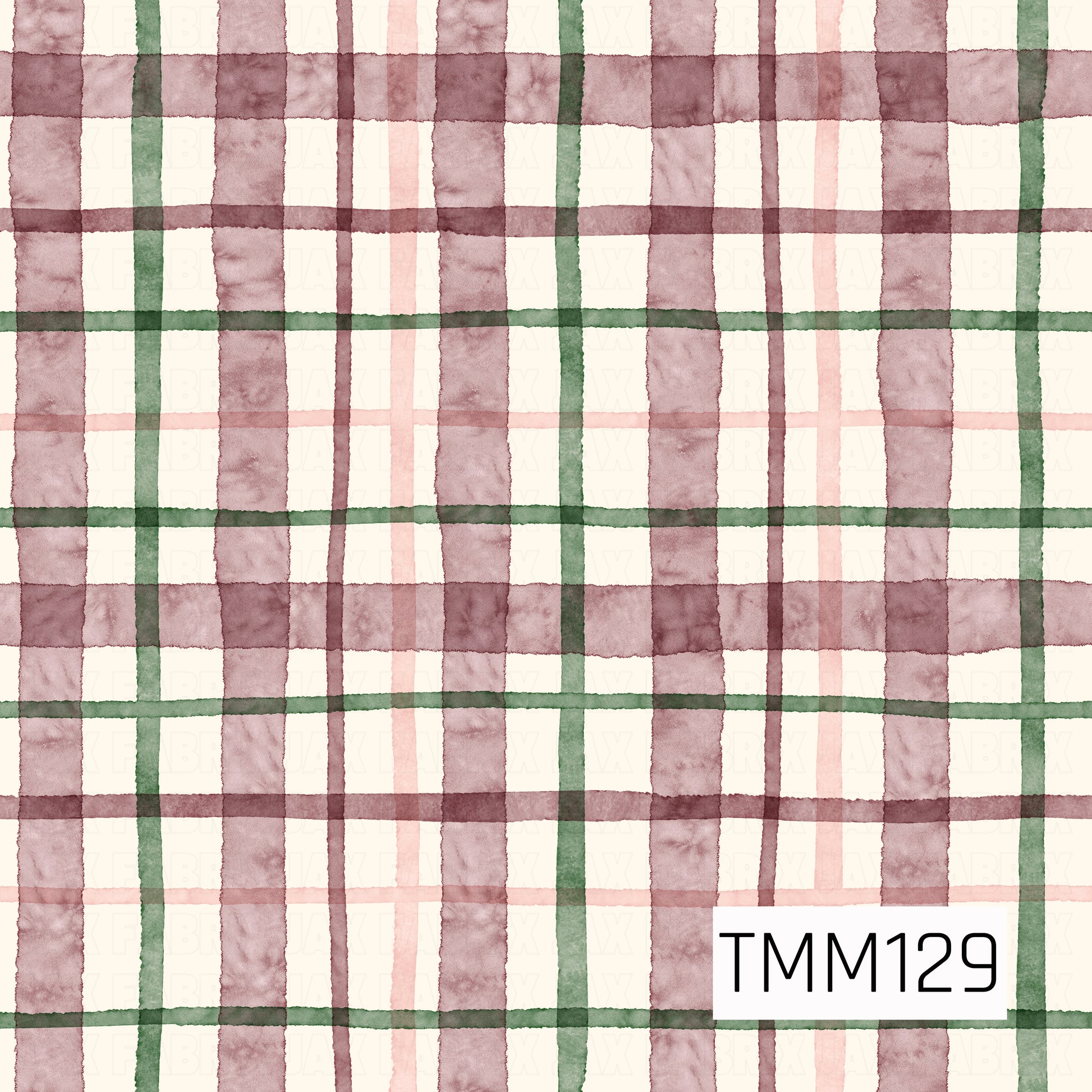 A soft watercolor plaid featuring layered stripes in dusty mauve, blush pink, and deep forest green on a warm ivory background. The hand-painted texture and slightly uneven lines give the pattern a cozy, classic feel with a subtle holiday-inspired color palette.
