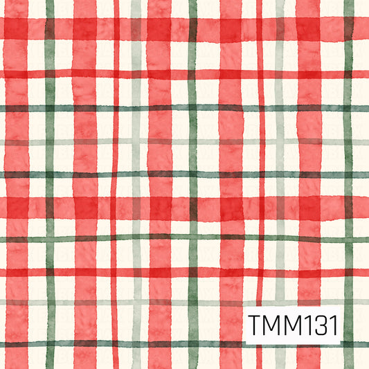 A festive watercolor plaid featuring bold Christmas red paired with deep forest and soft sage green on a warm ivory background. Layered stripes in varying widths create a classic hand-painted plaid with soft watercolor texture and a cozy holiday feel.
