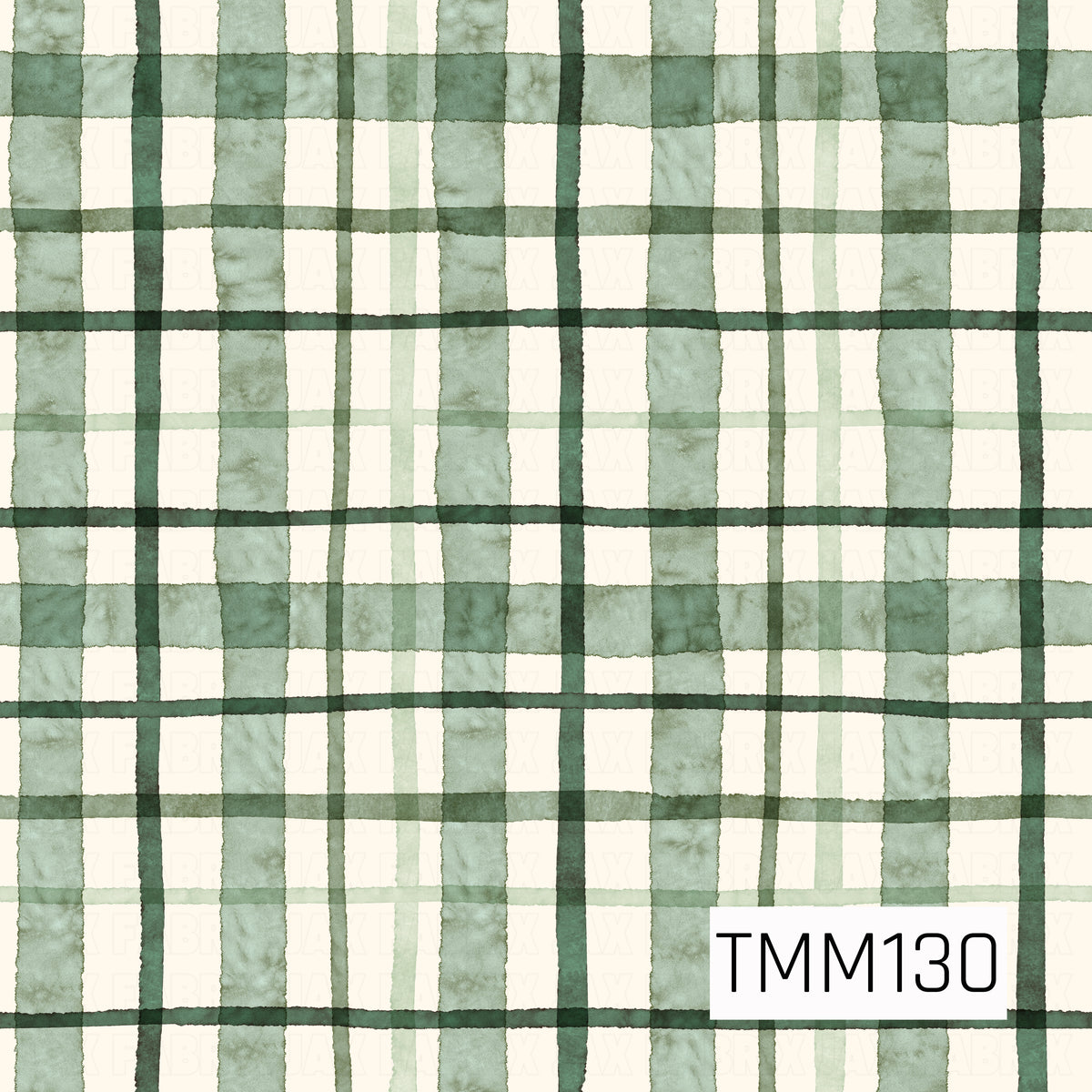 A soft watercolor plaid featuring layered shades of sage, muted green, and deep forest green on a warm ivory background. The varied stripe widths, subtle color overlaps, and hand-painted texture create a cozy, timeless pattern with a natural holiday feel.
