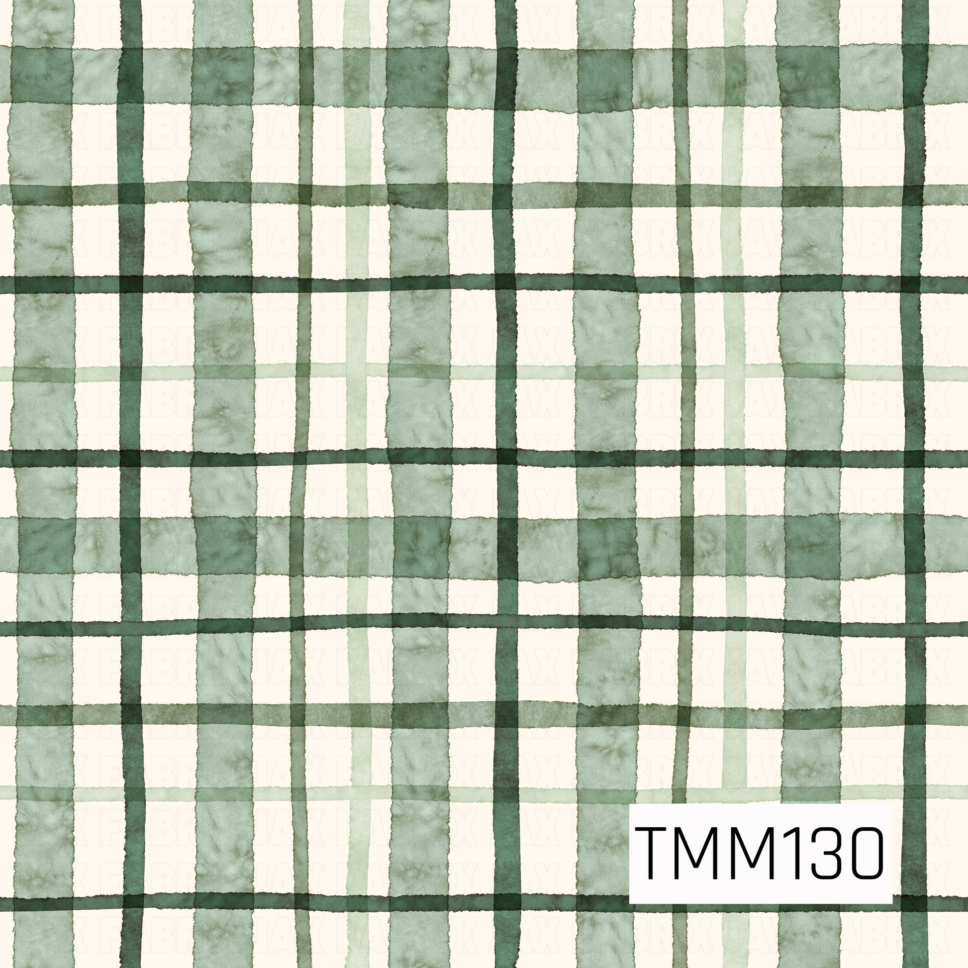 A soft watercolor plaid featuring layered shades of sage, muted green, and deep forest green on a warm ivory background. The varied stripe widths, subtle color overlaps, and hand-painted texture create a cozy, timeless pattern with a natural holiday feel.
