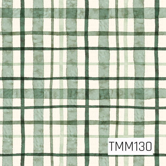 A soft watercolor plaid featuring layered shades of sage, muted green, and deep forest green on a warm ivory background. The varied stripe widths, subtle color overlaps, and hand-painted texture create a cozy, timeless pattern with a natural holiday feel.
