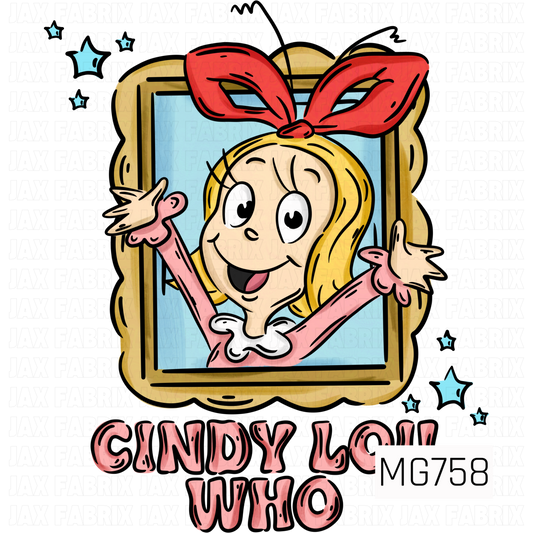 A whimsical Christmas PNG design featuring a cheerful blonde girl with a large red bow, rosy pink outfit, and outstretched arms, peeking out from an ornate gold picture frame with a light blue background. Distressed pink lettering reading “Cindy Lou Who” sits beneath the frame, accented by scattered light blue sparkles for a playful, festive holiday look.