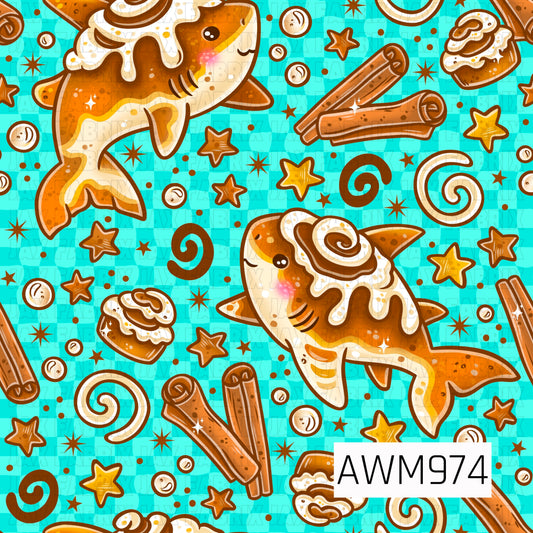 This whimsical seamless pattern features adorable cinnamon roll sharks swimming across a bright teal checkered background. The design includes sharks topped with cinnamon swirl frosting, surrounded by cinnamon sticks, cinnamon rolls, swirls, stars, and scattered sprinkles. Warm brown, cream, and golden tones contrast beautifully against the vibrant teal backdrop, creating a fun and playful bakery-inspired ocean theme perfect for fabric, apparel, accessories, and handmade projects.
