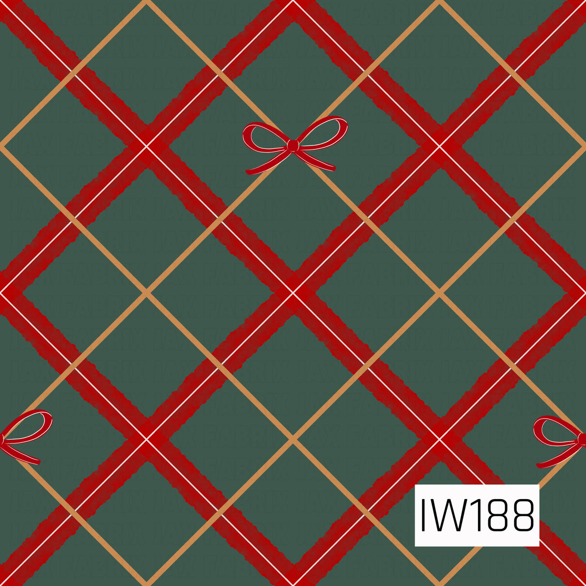 A classic Christmas-inspired argyle plaid featuring a deep muted forest green background with bold, textured red diagonal stripes, thin white accent lines, and warm golden tan diamond outlines. Delicate red ribbon bows are scattered throughout, adding a sweet, feminine touch to this timeless holiday design.