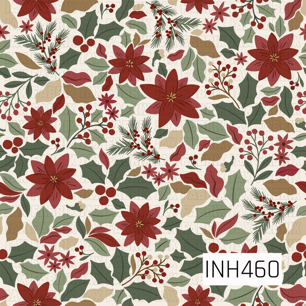 A beautiful vintage-inspired Christmas floral pattern featuring large deep red poinsettias with golden centers, surrounded by lush holly leaves, delicate pine sprigs, and clusters of red berries. Muted sage and forest green foliage mingle with warm tan leaves, dusty red accents, and smaller star-shaped blossoms. The soft ivory background and earthy holiday color palette give this design a cozy, timeless Christmas feel.