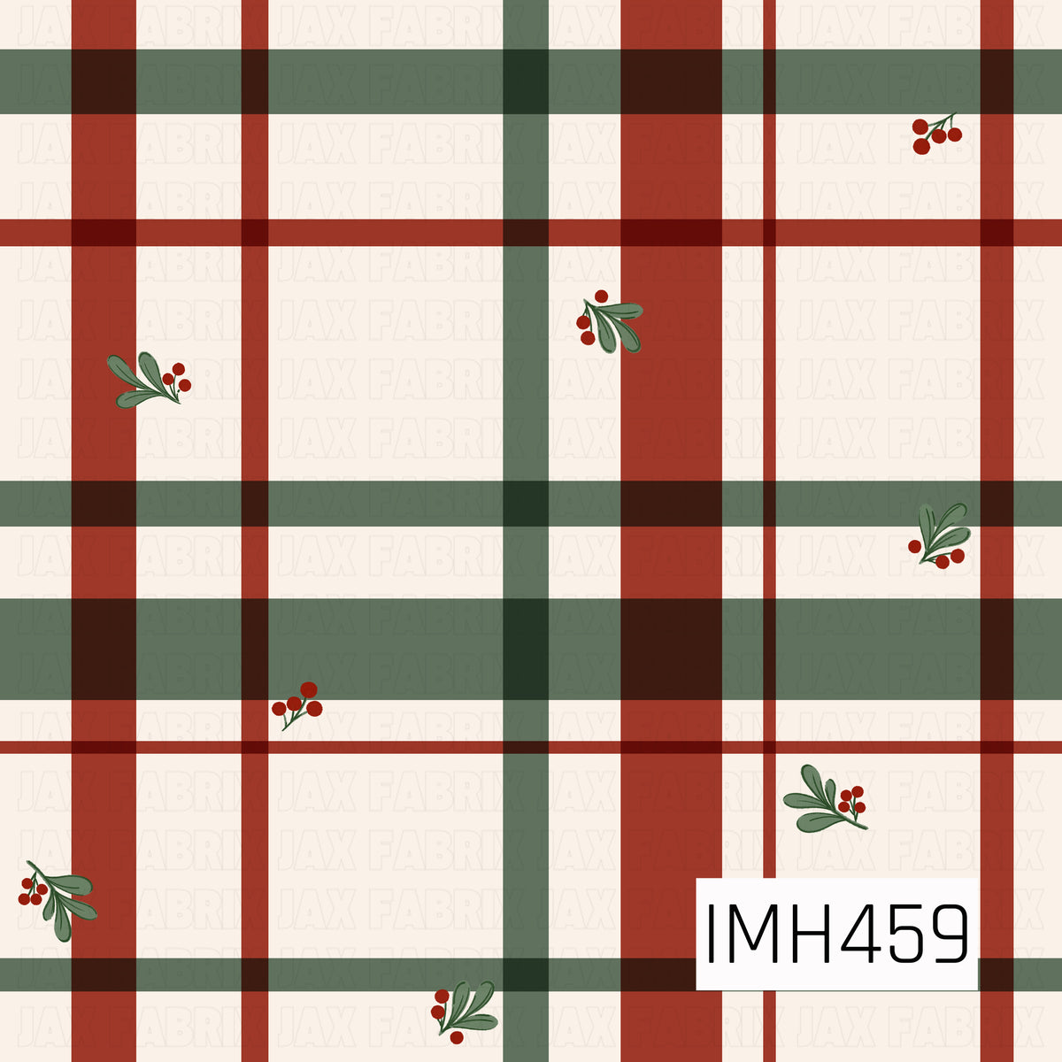 A classic Christmas plaid pattern featuring oversized intersecting stripes in deep forest green, rich brick red, and warm ivory. Thin coordinating lines add dimension to the bold checkered design, while delicate sprigs of greenery with bright red berries are scattered throughout. The traditional holiday colors and subtle botanical accents give this pattern a cozy, timeless Christmas feel.