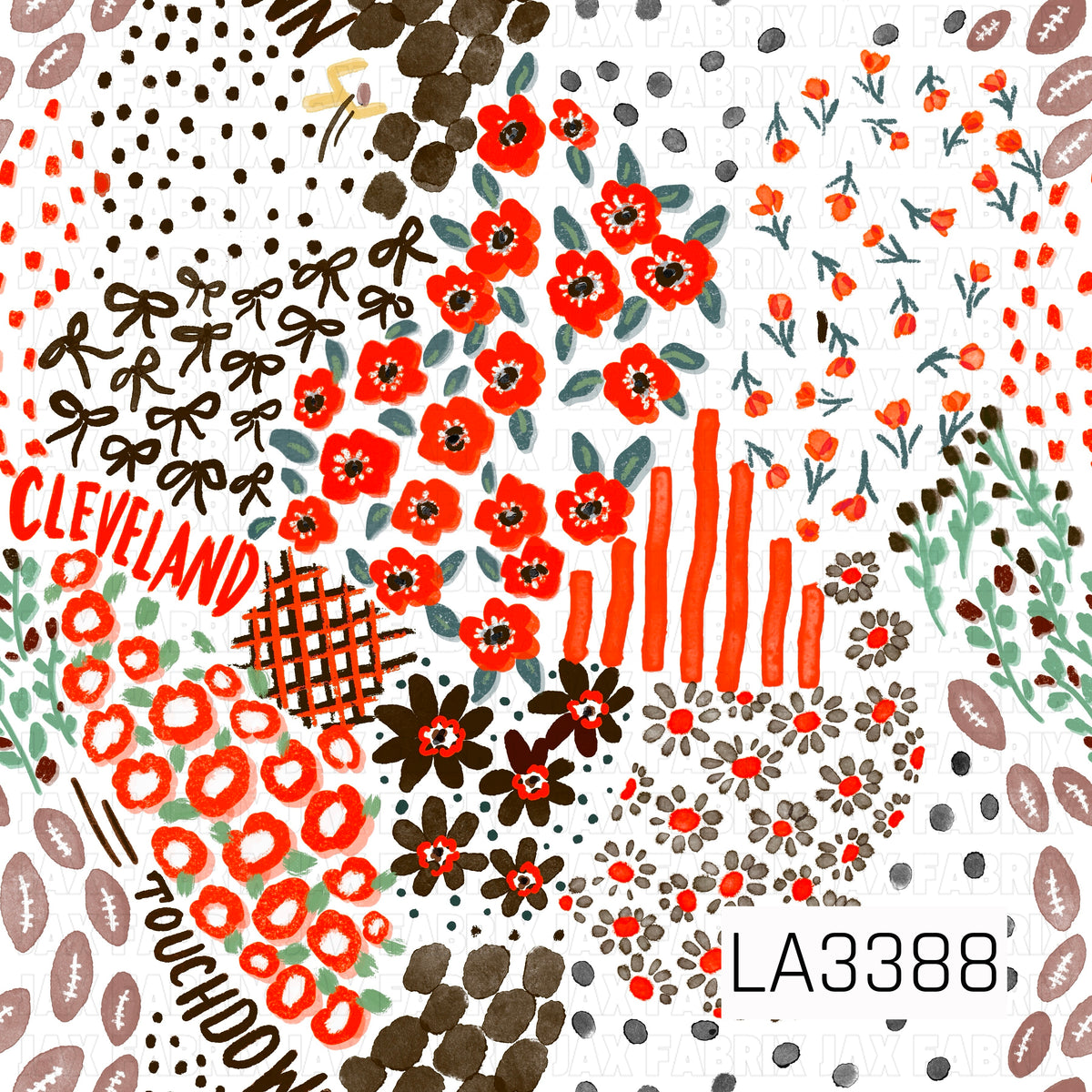 A playful Cleveland football-inspired print featuring bold orange, deep brown, gray, and white. Hand-painted florals, bows, footballs, scattered dots, stripes, plaid accents, and “Cleveland” and “Touchdown” lettering create a fun, artsy game day design.
