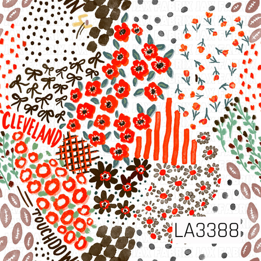 A playful Cleveland football-inspired print featuring bold orange, deep brown, gray, and white. Hand-painted florals, bows, footballs, scattered dots, stripes, plaid accents, and “Cleveland” and “Touchdown” lettering create a fun, artsy game day design.
