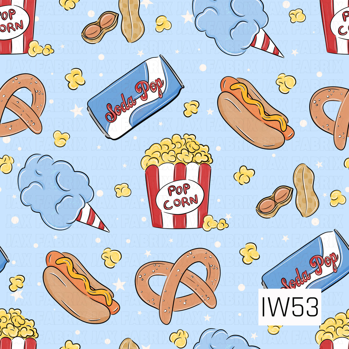 A playful carnival-inspired pattern featuring classic concession stand favorites including buttery popcorn in red and white striped boxes, hot dogs with mustard, salted pretzels, peanuts, blue cotton candy, and retro soda cans. Scattered popcorn pieces, tiny white stars, and dots decorate the soft baby blue background, creating a fun, nostalgic design with a whimsical hand-drawn feel.
