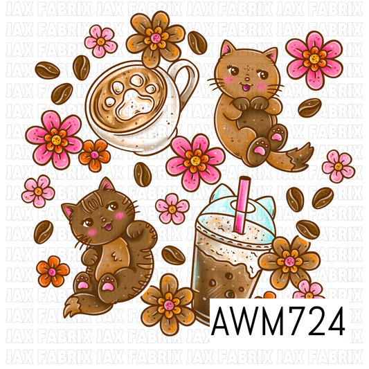 Cozy Coffee Cat PNG Bundle featuring adorable kittens, a paw print latte, an iced coffee drink, coffee beans, colorful florals, and sparkling stars. These vibrant, high-quality PNG elements are perfect for sublimation, stickers, shirts, tumblers, café-themed gifts, and cozy handmade craft projects.