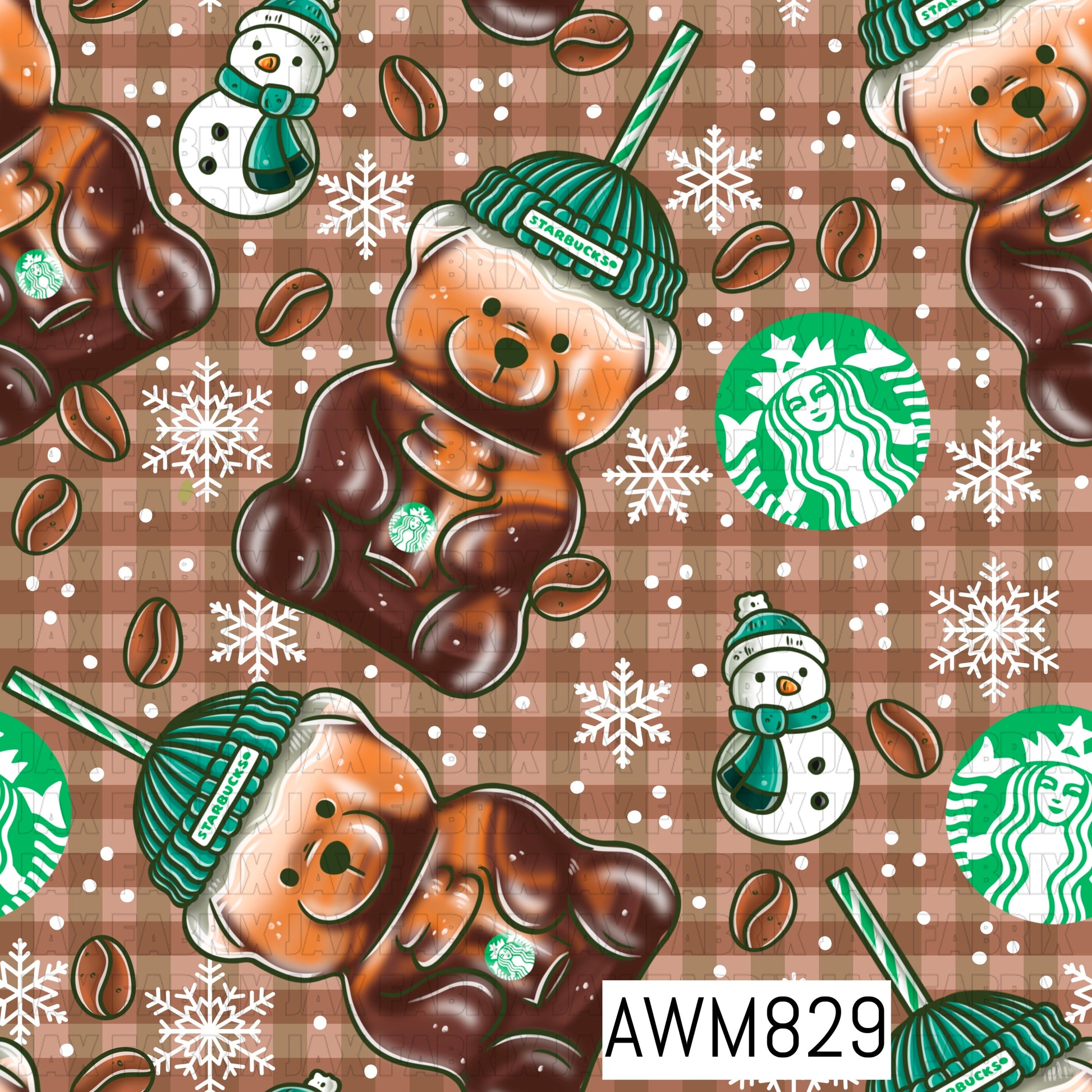 A cozy winter-themed seamless pattern featuring adorable gummy bears dressed in teal knit beanies, surrounded by coffee beans, snowflakes, snowmen, striped straws, and coffee-inspired accents on a warm tan gingham background. Rich brown, cream, and teal tones create a festive café-inspired design perfect for holiday crafting.