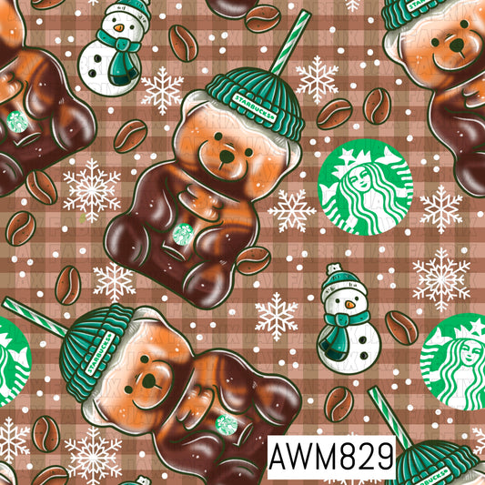 A cozy winter-themed seamless pattern featuring adorable gummy bears dressed in teal knit beanies, surrounded by coffee beans, snowflakes, snowmen, striped straws, and coffee-inspired accents on a warm tan gingham background. Rich brown, cream, and teal tones create a festive café-inspired design perfect for holiday crafting.