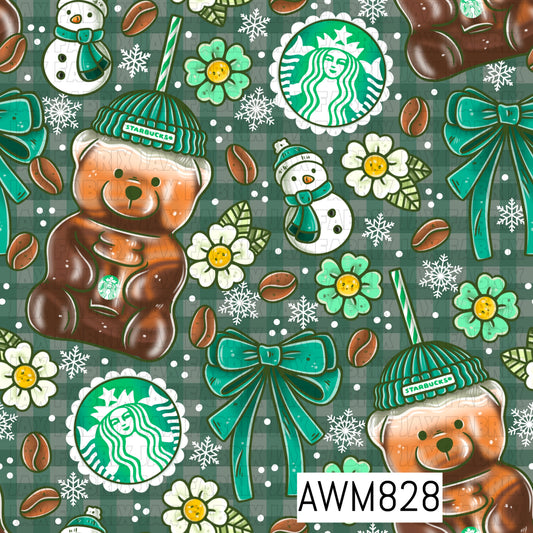 A festive coffee-inspired seamless pattern featuring adorable gummy bears wearing cozy teal knit beanies, accented with teal bows, coffee beans, snowflakes, snowmen, flowers, striped straws, and coffee-inspired elements. Set against a muted sage green gingham background, this design combines warm winter charm with cozy café vibes in rich brown, cream, and teal tones.
