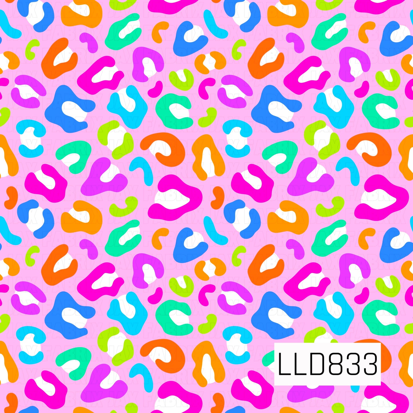 A seamless leopard print pattern featuring bright pink, orange, teal, blue, lime green, purple, and white spots on a light pink background.
