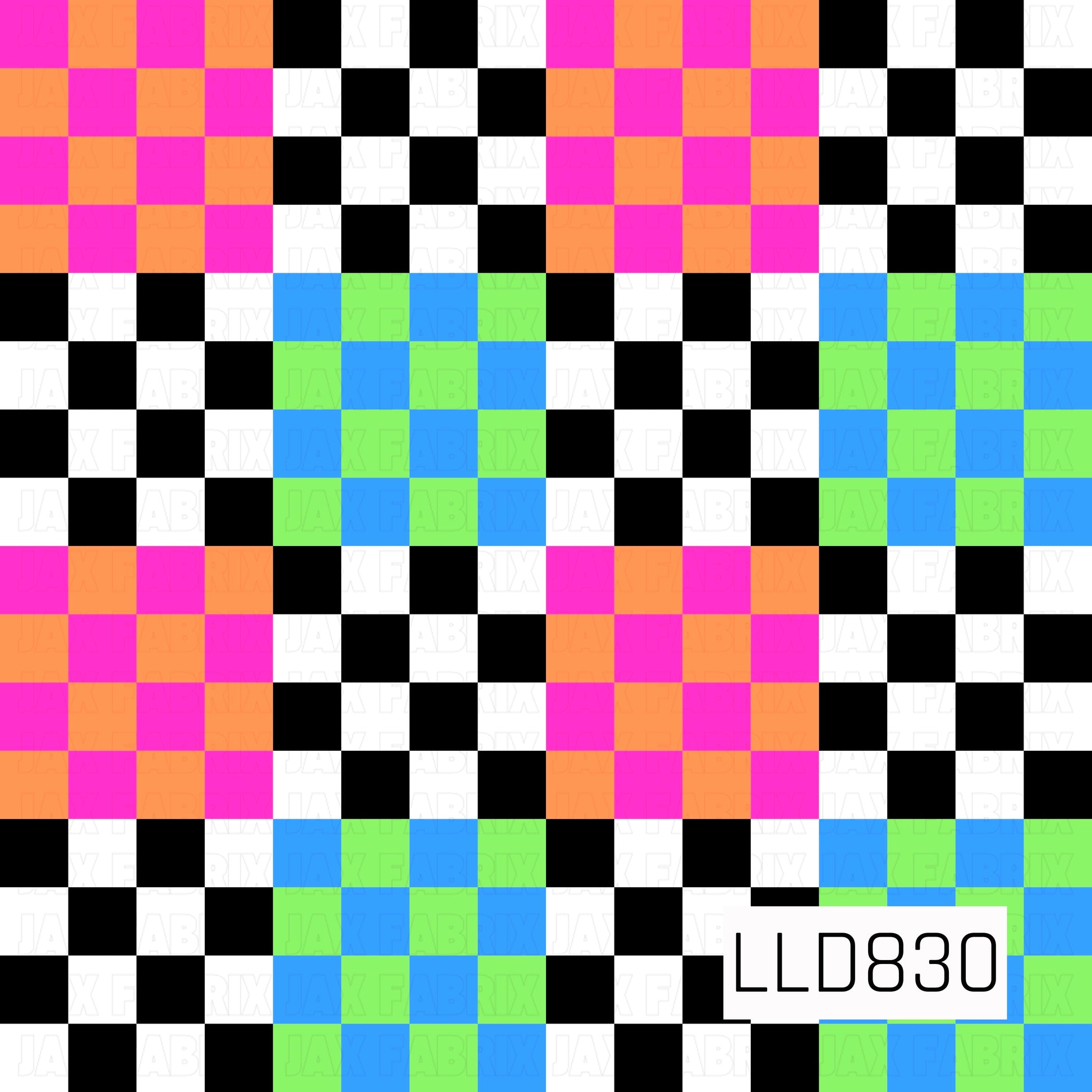 A bold seamless checkerboard pattern featuring black and white checks accented with vibrant hot pink, orange, blue, and lime green blocks. The bright neon color palette creates a fun, retro-inspired design with a playful geometric look.
