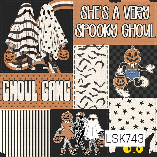 A playful retro Halloween patchwork pattern featuring sheet ghosts, skeletons, pumpkin-headed characters, bats, black cats, stars, stripes, and checkerboard details. Warm orange, black, cream, and soft neutral tones give the design a fun vintage spooky-season feel.
