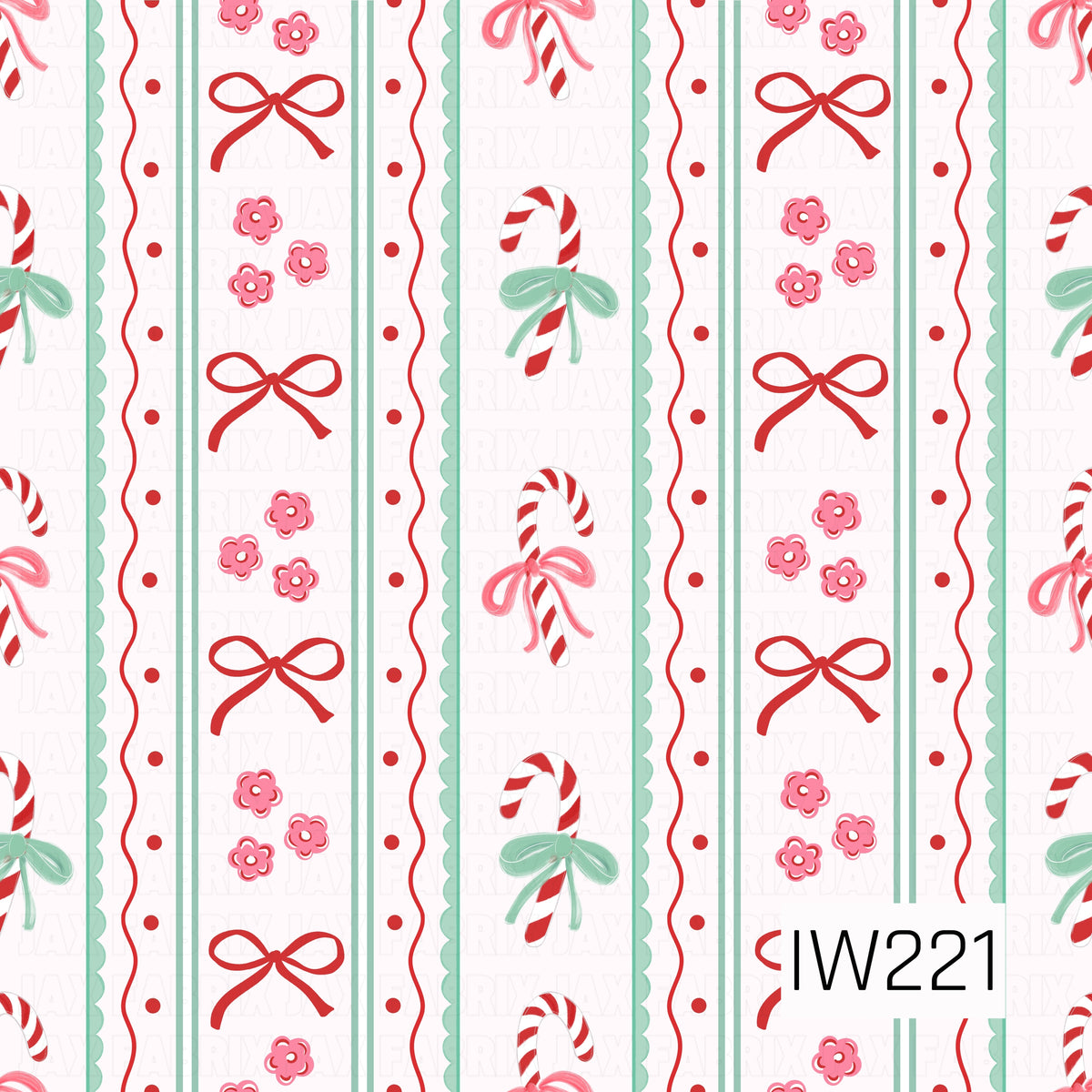 A whimsical Christmas stripe pattern featuring alternating vertical rows of red and white candy canes tied with pink and mint bows, delicate pink flowers, and dainty red ribbon bows. Mint green scalloped borders, thin stripes, and playful red polka dots add a sweet, vintage-inspired touch against a soft white background.