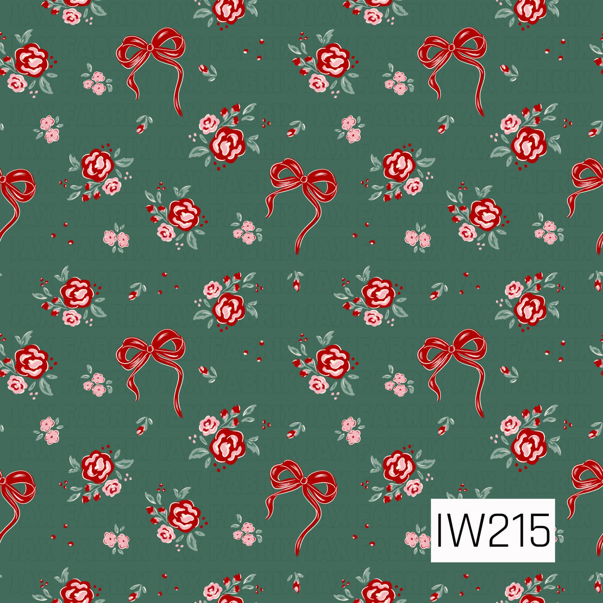 A charming floral pattern featuring vintage-inspired red and pink roses, delicate flower buds, and soft sage green leaves scattered across a deep muted green background. Dainty red ribbon bows and tiny floral accents add a sweet, feminine touch with a festive coquette feel.