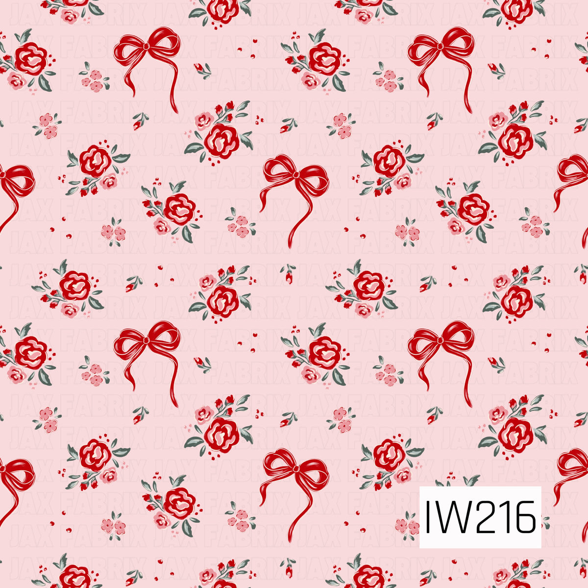 A sweet coquette-inspired floral pattern featuring vibrant red and soft pink roses, delicate blossoms, sage green leaves, and dainty red ribbon bows scattered across a light blush pink background. Tiny floral accents add a charming, vintage-inspired touch.