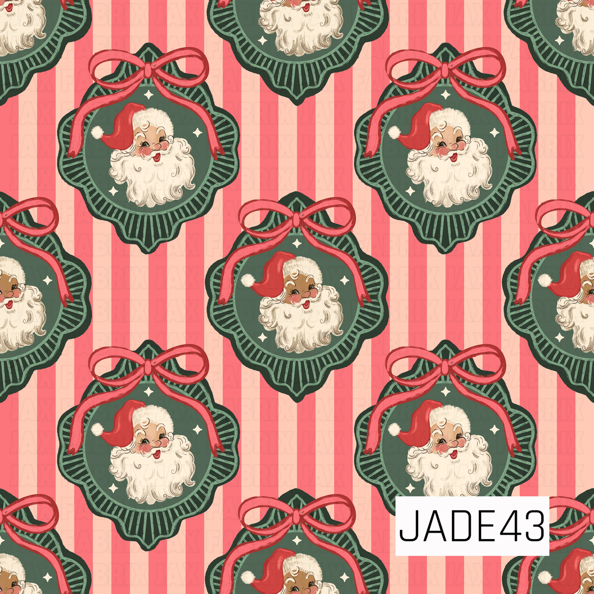 A charming vintage Christmas pattern featuring smiling Santa faces with rosy cheeks, fluffy white beards, and classic red hats. Each Santa is nestled inside an ornate scalloped dark green frame accented with tiny cream stars and topped with a large, flowing red ribbon bow. The medallions repeat across a retro striped background in warm pink, coral, and soft peach, giving the design a nostalgic mid-century holiday feel with a playful coquette twist.
