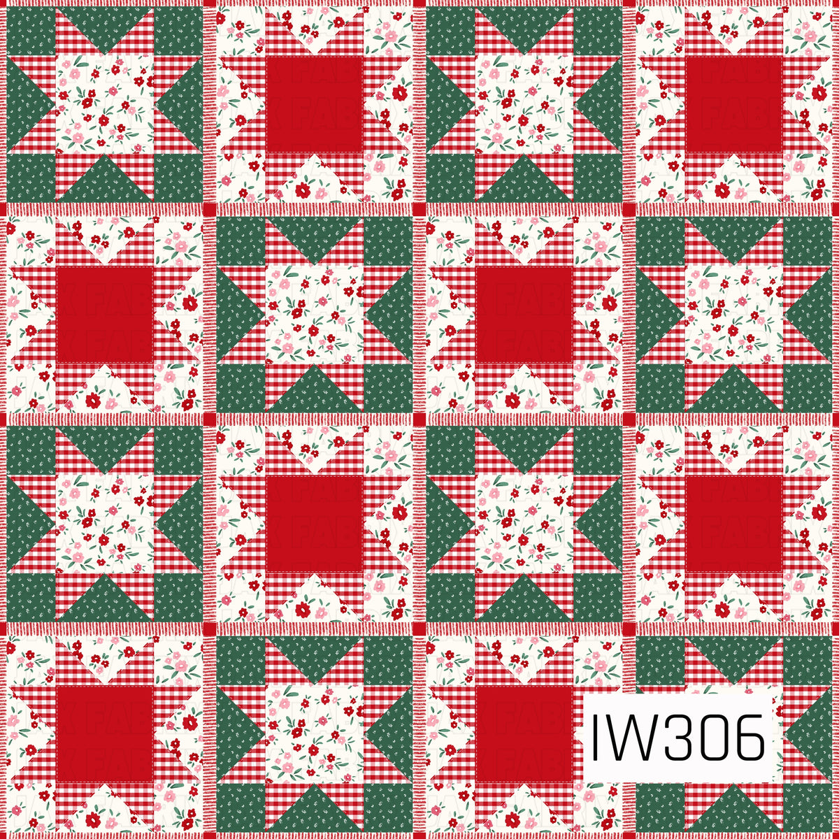 A charming vintage-inspired patchwork quilt pattern featuring alternating star quilt blocks in festive red, deep forest green, and soft pink. Each block combines classic red and white gingham, delicate scattered florals, tiny green floral prints, and bold red accents, finished with decorative stitched details for a cozy, handmade cottage Christmas feel.