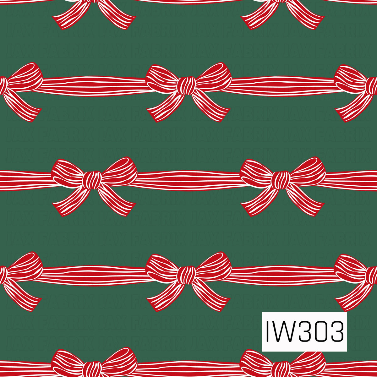 
A festive Christmas pattern featuring rows of bright red bows with delicate white stripes, connected by flowing ribbons across a deep forest green background. The repeating horizontal design has a classic, vintage-inspired holiday feel.