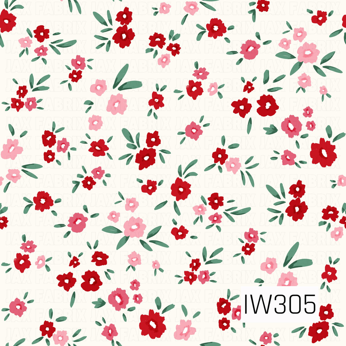 A sweet, whimsical floral pattern featuring scattered hand-painted flowers in vibrant red, soft pink, and rosy blush, accented by delicate sage green leaves. The flowers vary in size and are arranged across a warm ivory background for a charming, vintage-inspired look.