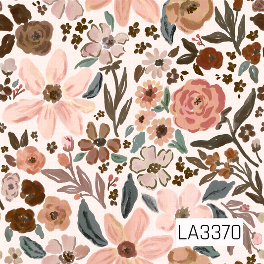 A beautiful cottage garden floral featuring oversized hand-painted blooms in soft blush pink, peach, dusty rose, and warm terracotta. Delicate wildflowers, tiny brown blossoms, and muted sage and teal greenery fill the ivory background, creating a romantic, vintage-inspired design with a soft watercolor feel.