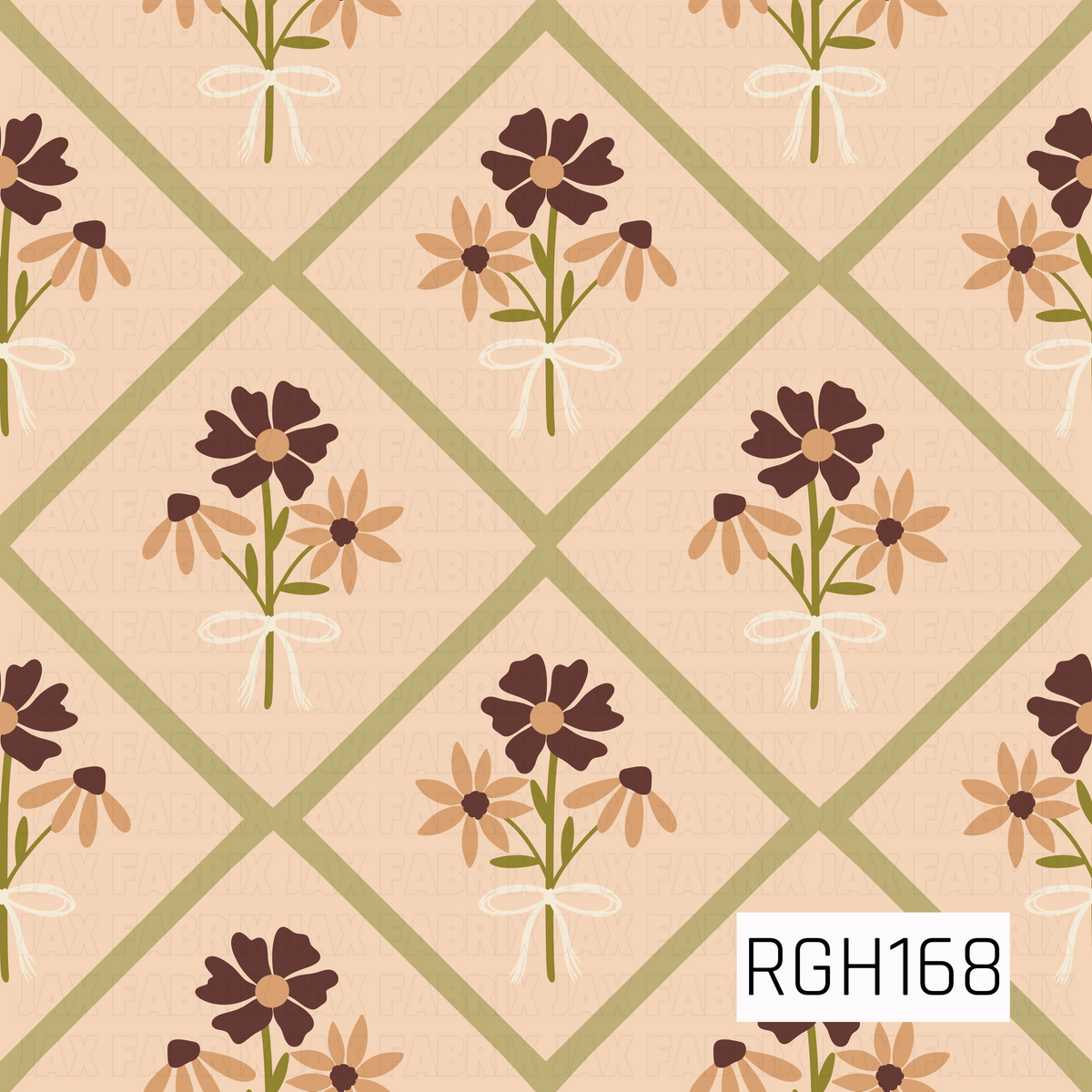 A charming cottage-inspired floral pattern featuring delicate bouquets of daisies and wildflowers in rich chocolate brown, warm caramel, and golden tan. Each bouquet is accented with olive green stems and leaves, tied together with a dainty ivory bow. The floral arrangements sit inside large, overlapping diamond shapes outlined in muted sage green against a soft peachy beige background. The warm, earthy color palette and geometric layout create a cozy, vintage-inspired design with a sweet, rustic feel.