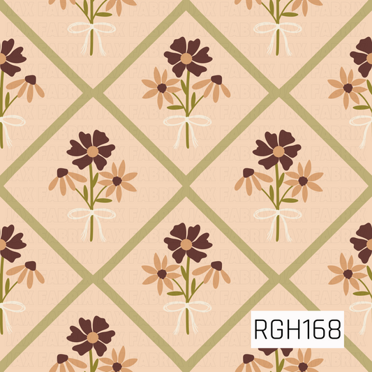 A charming cottage-inspired floral pattern featuring delicate bouquets of daisies and wildflowers in rich chocolate brown, warm caramel, and golden tan. Each bouquet is accented with olive green stems and leaves, tied together with a dainty ivory bow. The floral arrangements sit inside large, overlapping diamond shapes outlined in muted sage green against a soft peachy beige background. The warm, earthy color palette and geometric layout create a cozy, vintage-inspired design with a sweet, rustic feel.